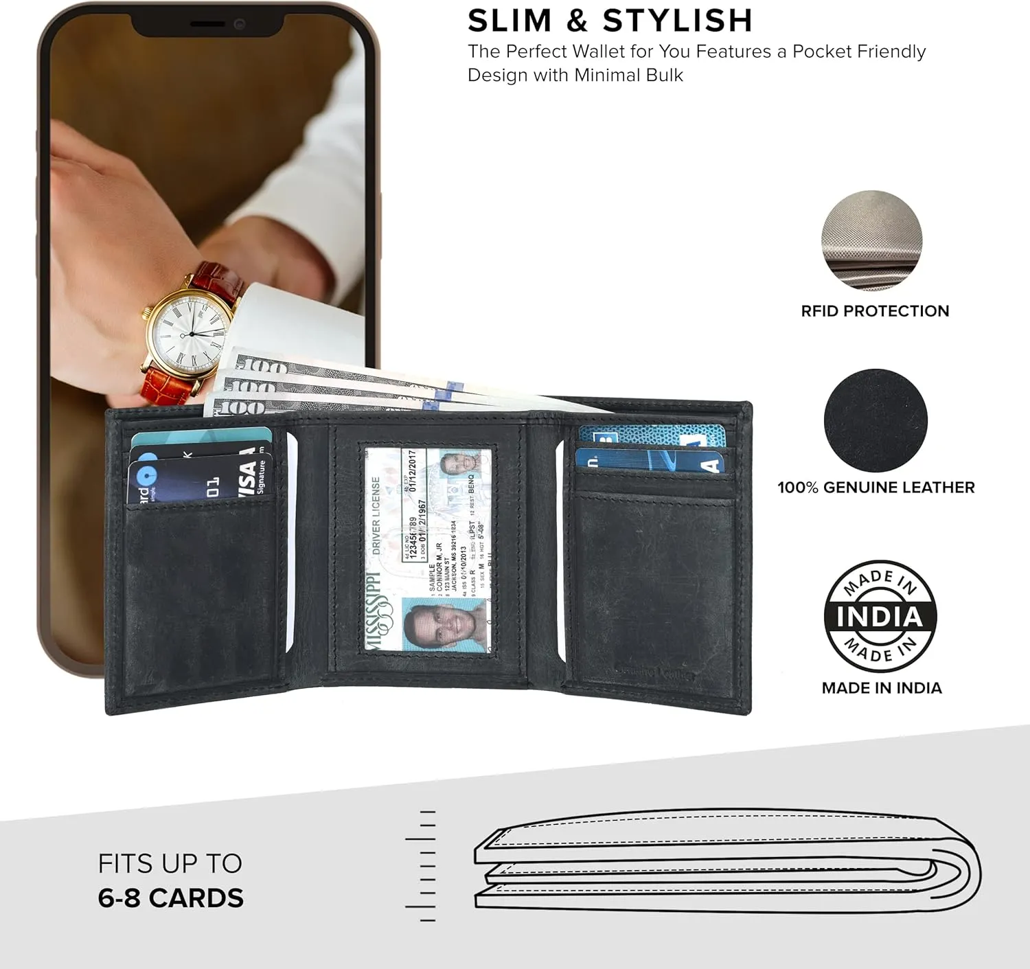 Tri fold Leather Wallet for Men with RFID | Slim Wallets for Men with 1 ID and 6 Credit card slots | Front Pocket Minimalist