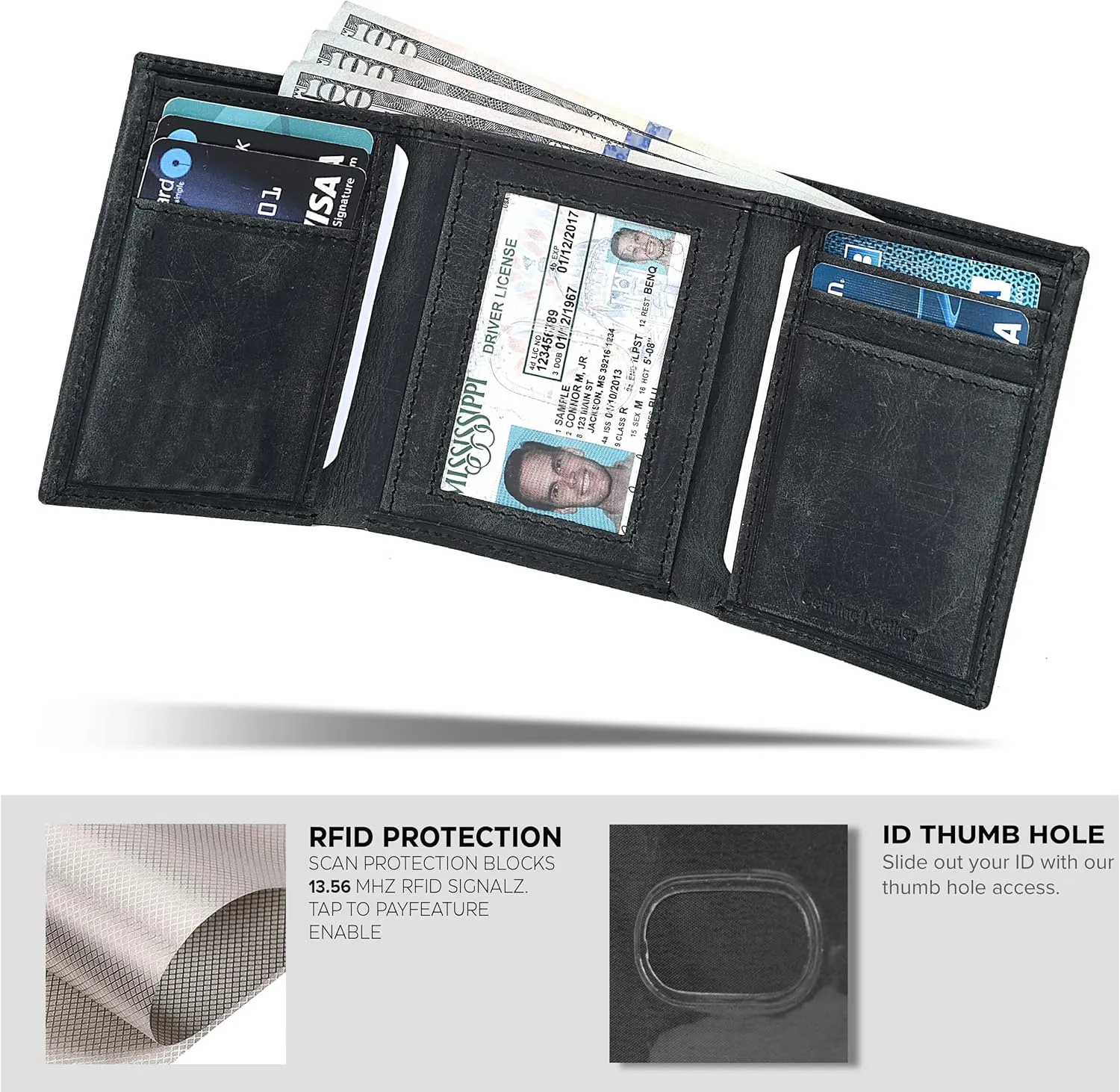 Tri fold Leather Wallet for Men with RFID | Slim Wallets for Men with 1 ID and 6 Credit card slots | Front Pocket Minimalist