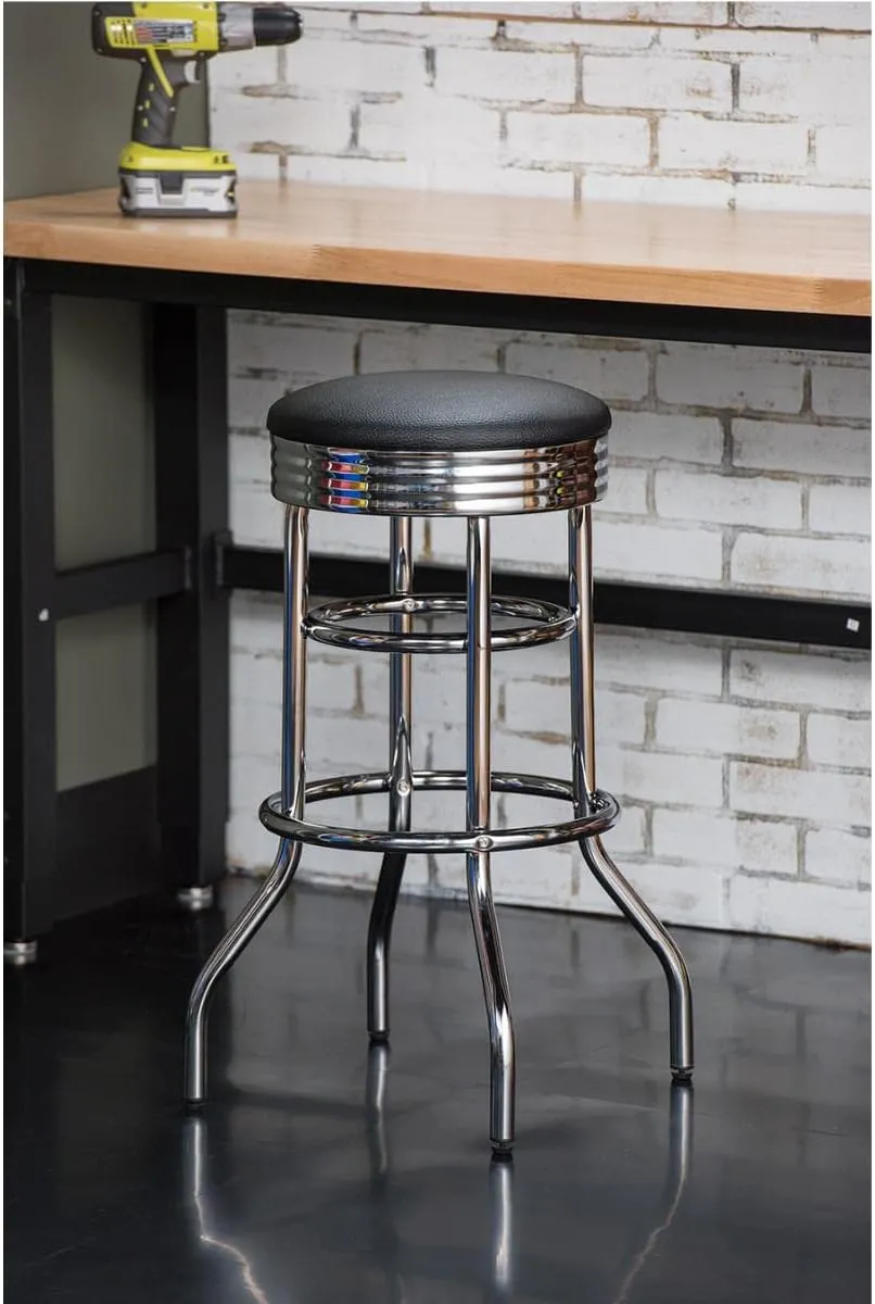 TRINITY Heavy Duty 30-Inch Backless Swivel Bar Stool for Kitchen, Garage, or Workshop, Chrome Finish with Faux Leather Seat, 1 Pack Pre-Assembled, Black
