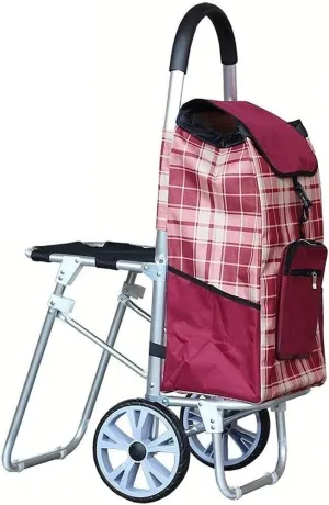 Trolley Multi-Function Shopping Cart Large Capacity Light Weight Foldable Wheeled Trolley with Seat Push Cart Bag with 2 Wheels Storage Hand Trucks,Blue, Black(Red)