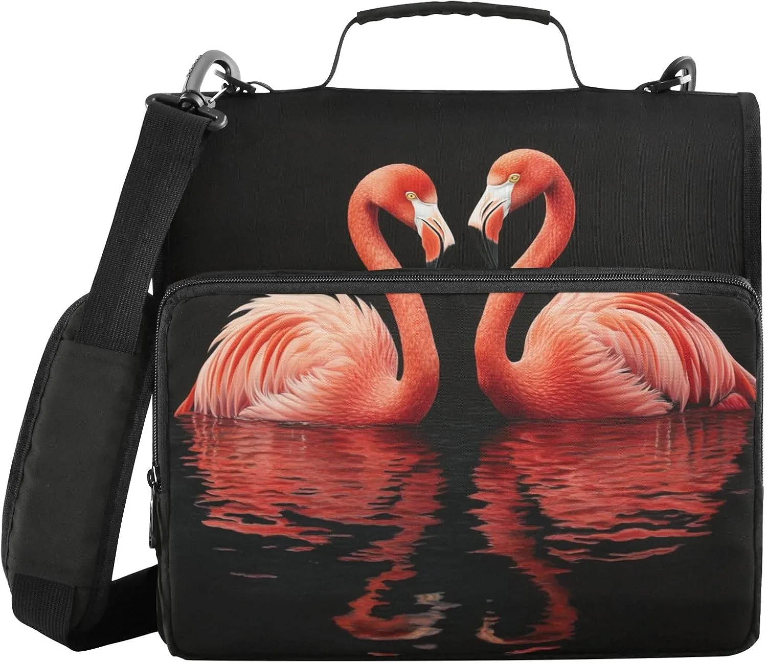 Two Flamingos Face Love Black Zipper Binder with Shoulder Strap Trapper Keeper 3 Ring Binder Organizer Large Capacity Multiple Compartments for School Office