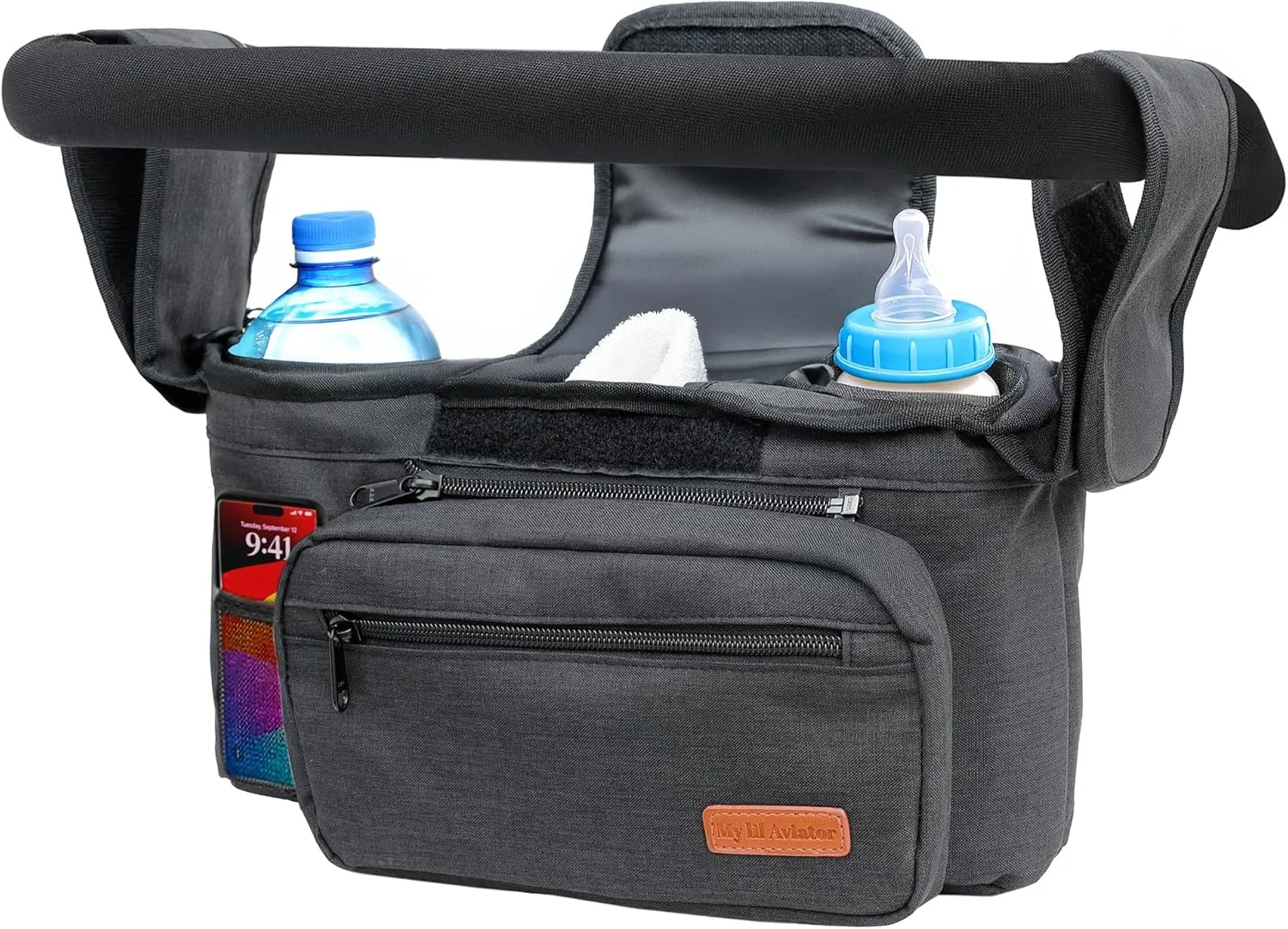 Universal Durable Stroller Bag Organizer with Detachable Wallet for Daily or Travel use. Two Insulated Cup Bottle & Central Compartment. Additional Stroller & Shoulder Straps