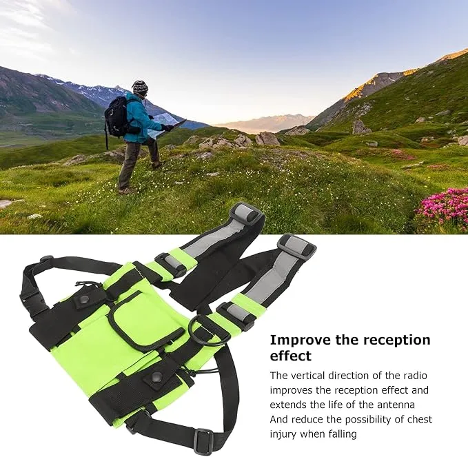 Universal Radio Chest Harness Bag, Chest Front Pack Pouch Holster Vest Rig Fluorescent Green for Two Way Radio with Adjustable Shoulder Straps