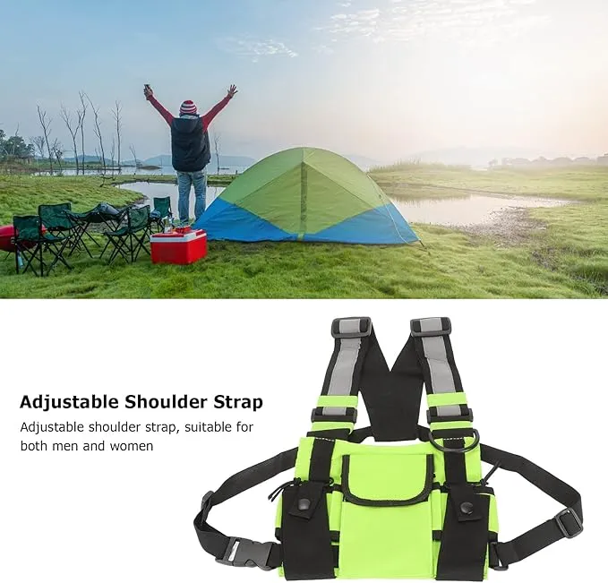 Universal Radio Chest Harness Bag, Chest Front Pack Pouch Holster Vest Rig Fluorescent Green for Two Way Radio with Adjustable Shoulder Straps