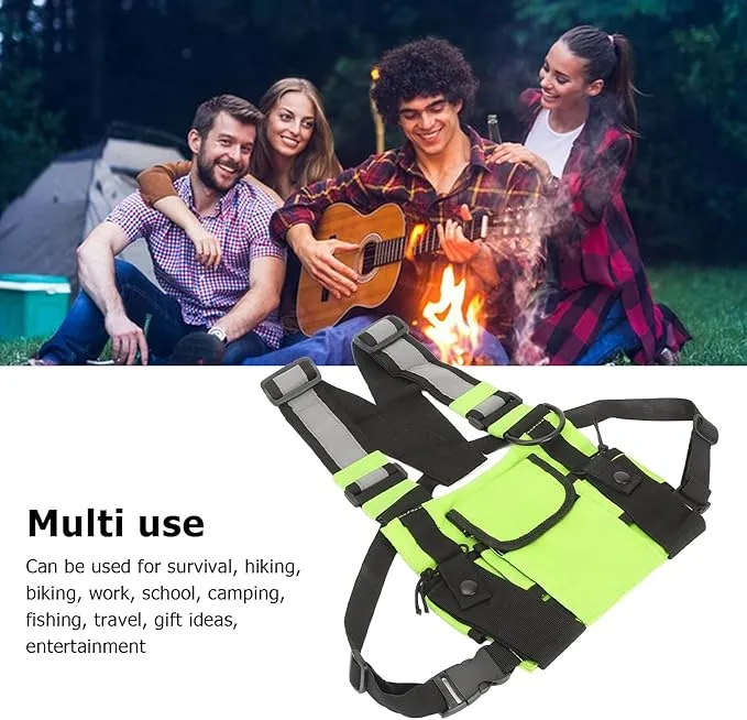 Universal Radio Chest Harness Rig Bag, Walkie Talkie Pocket Pack Holster Vest with Front Pouches & Adjustable Shoulder Straps for Two Way Radio (Bright Green)