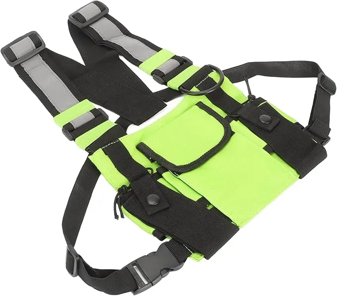 Universal Radio Chest Harness Rig Bag, Walkie Talkie Pocket Pack Holster Vest with Front Pouches & Adjustable Shoulder Straps for Two Way Radio (Bright Green)