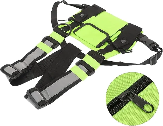 Universal Radio Chest Harness Rig Bag, Walkie Talkie Pocket Pack Holster Vest with Front Pouches & Adjustable Shoulder Straps for Two Way Radio (Bright Green)