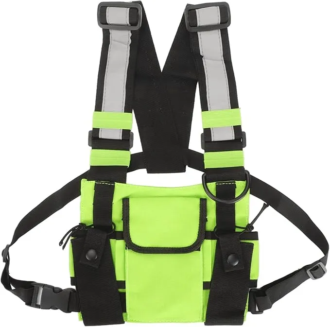 Universal Radio Chest Harness Rig Bag, Walkie Talkie Pocket Pack Holster Vest with Front Pouches & Adjustable Shoulder Straps for Two Way Radio (Bright Green)