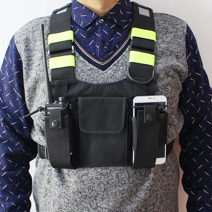 Universal Radio Harness Chest Rig Bag Pocket Pack Holster Vest Fluorescent Green for Two Way Radio