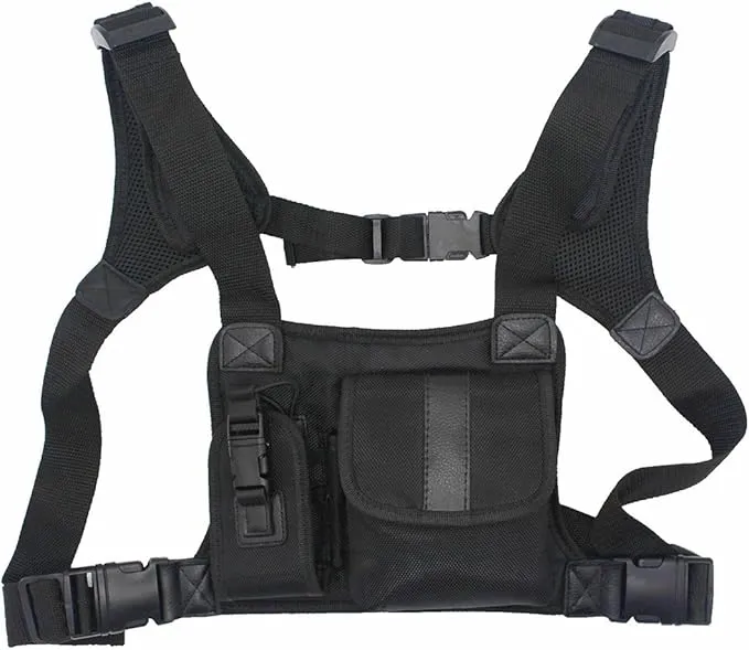 Universal radio harness chest Rig Bag Pocket Pack Holster Vest for Two Way Radio (Rescue Essentials) (Leather Black)
