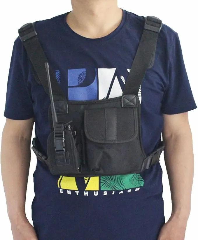 Universal radio harness chest Rig Bag Pocket Pack Holster Vest for Two Way Radio (Rescue Essentials) (Leather Black)
