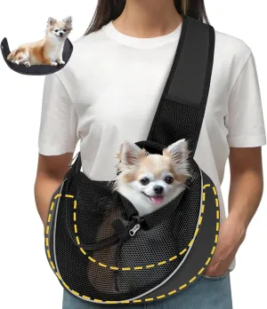 Upgrade Dog Sling Carrier (S,Black) for Small Dogs/Cats Up to 10LB, Detachable Hard Bottom & Breathable Mesh, Large Storage Pocket, Adjustable Strap - Hands-Free Pet Carrier for Women Travel, Walking