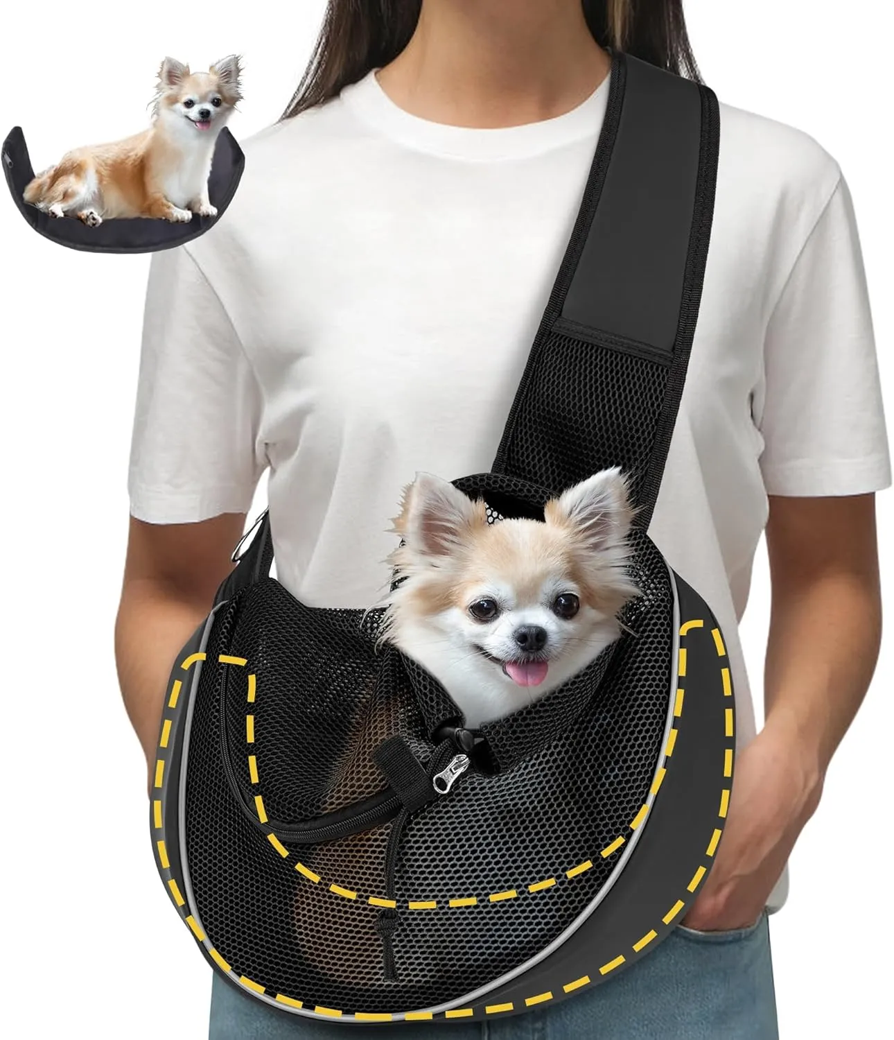 Upgrade Dog Sling Carrier (S,Black) for Small Dogs/Cats Up to 10LB, Detachable Hard Bottom & Breathable Mesh, Large Storage Pocket, Adjustable Strap - Hands-Free Pet Carrier for Women Travel, Walking