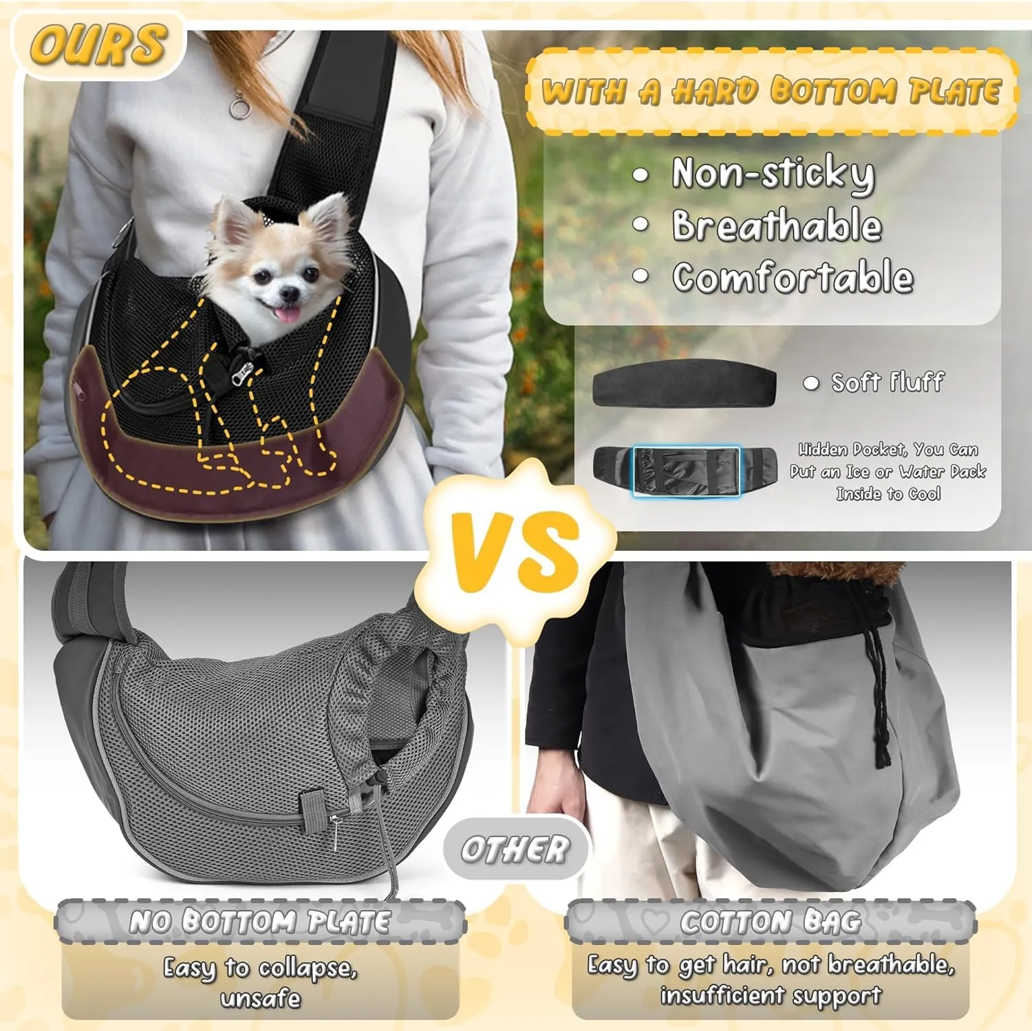 Upgrade Dog Sling Carrier (S,Black) for Small Dogs/Cats Up to 10LB, Detachable Hard Bottom & Breathable Mesh, Large Storage Pocket, Adjustable Strap - Hands-Free Pet Carrier for Women Travel, Walking