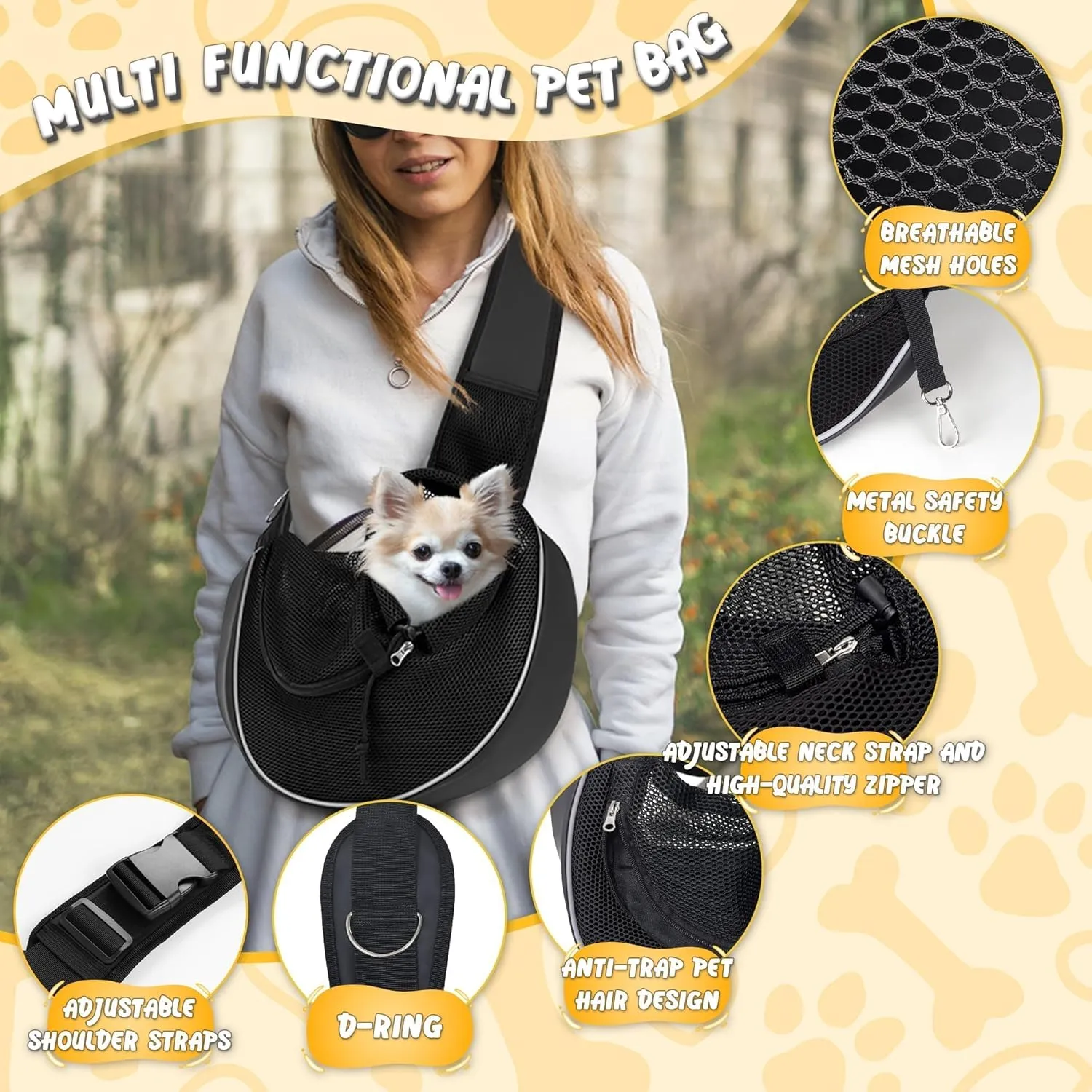 Upgrade Dog Sling Carrier (S,Black) for Small Dogs/Cats Up to 10LB, Detachable Hard Bottom & Breathable Mesh, Large Storage Pocket, Adjustable Strap - Hands-Free Pet Carrier for Women Travel, Walking