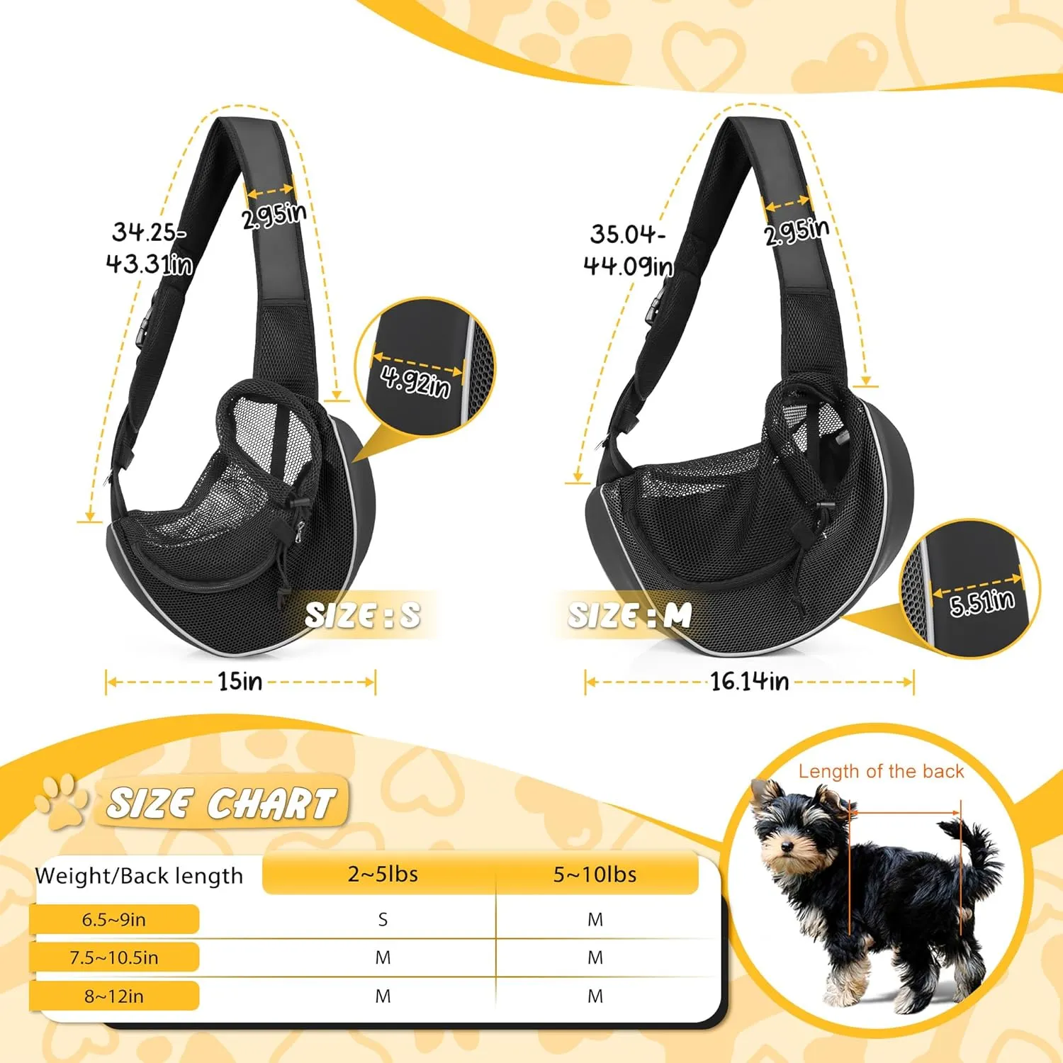 Upgrade Dog Sling Carrier (S,Black) for Small Dogs/Cats Up to 10LB, Detachable Hard Bottom & Breathable Mesh, Large Storage Pocket, Adjustable Strap - Hands-Free Pet Carrier for Women Travel, Walking