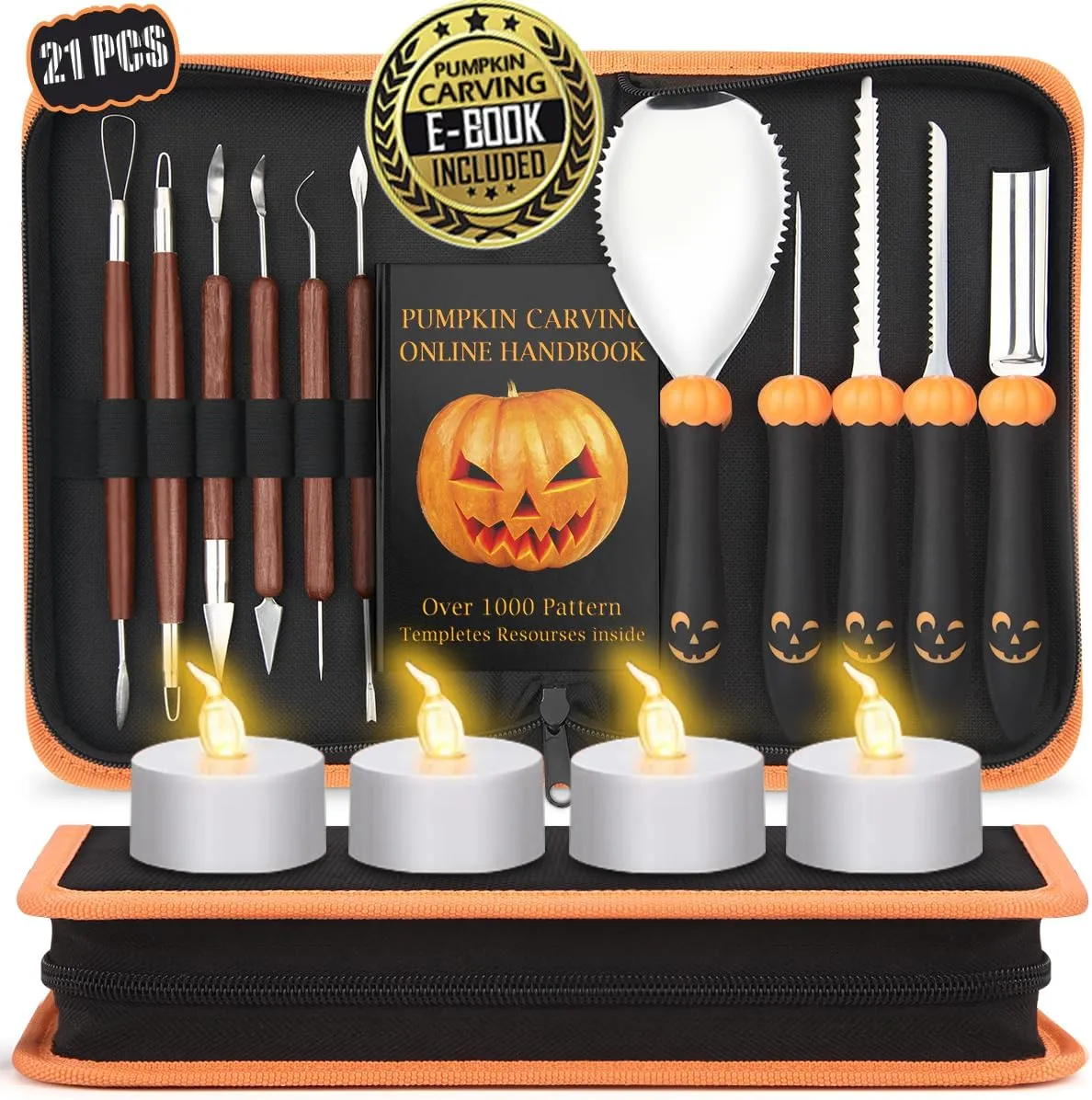 Upgraded 21 PCS Pumpkin Carving Kit for Adults & Kids with Professional Detail Sculpting Tools, Heavy Duty Stainless Steel Knife Set with Carrying Case for Halloween Decoration