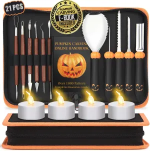 Upgraded 21 PCS Pumpkin Carving Kit for Adults & Kids with Professional Detail Sculpting Tools, Heavy Duty Stainless Steel Knife Set with Carrying Case for Halloween Decoration