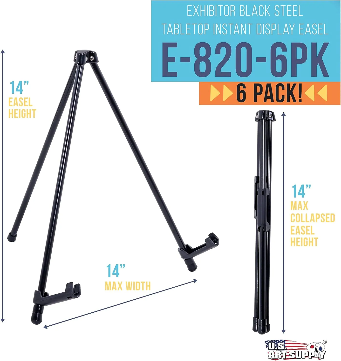 U.S. Art Supply 14" Tall Black Steel Tabletop Display Easel (Pack of 6) - Small Portable Tripod Stand with Adjustable Holders - Metal Easel Stand for Sign Displays, Pictures, Posters, Painting