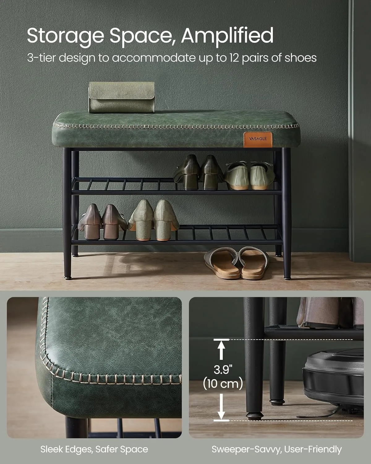 VASAGLE EKHO Collection - Shoe Rack Bench, Storage Bench for Entryway, Synthetic Leather with Stitching, Mid-Century Modern, Loads 300 lb, 11.8 x 31.5 x 19.7 Inches, Forest Green ULSB054C01