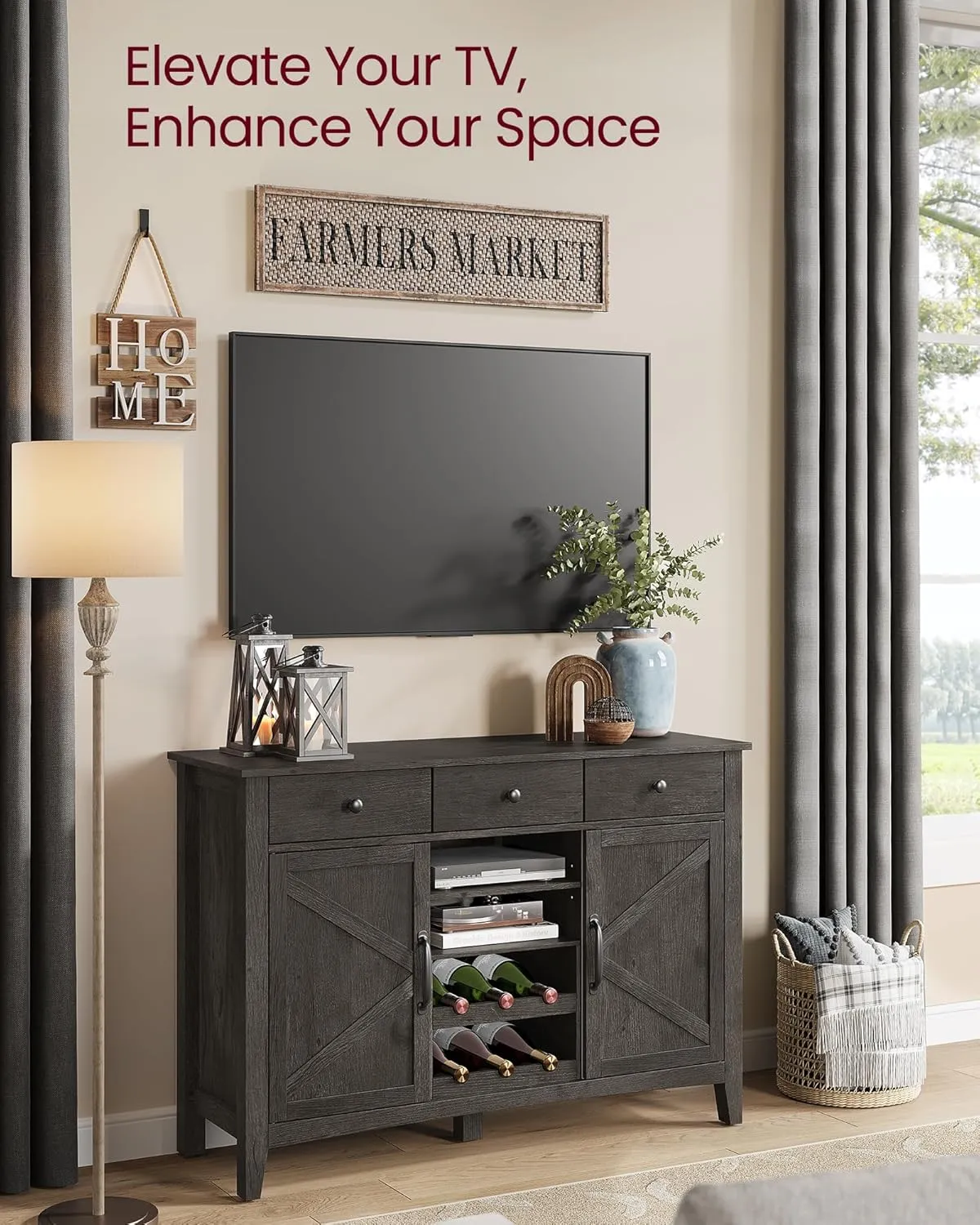 VASAGLE LIRY Collection - Buffet Cabinet, Coffee Bar Cabinet with 3 Drawers, Adjustable Shelves, Sideboard Storage with Cable Holes, Drawer Dividers, Antique Charcoal UBBK371B02