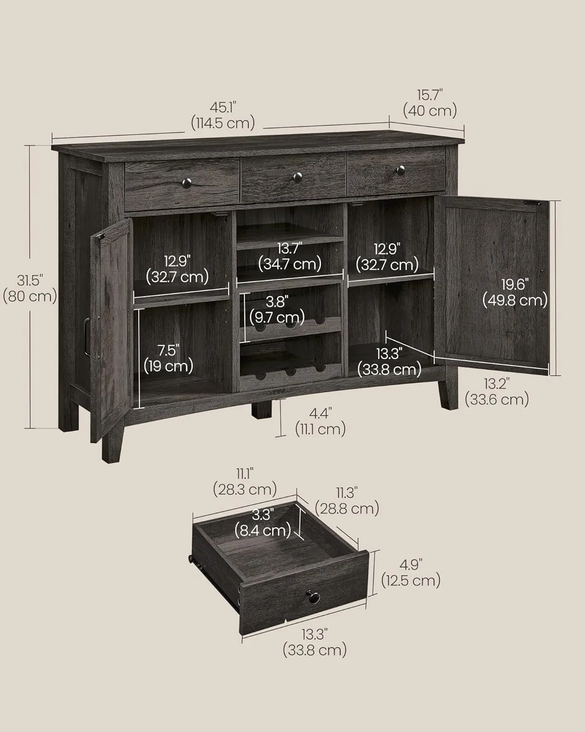 VASAGLE LIRY Collection - Buffet Cabinet, Coffee Bar Cabinet with 3 Drawers, Adjustable Shelves, Sideboard Storage with Cable Holes, Drawer Dividers, Antique Charcoal UBBK371B02