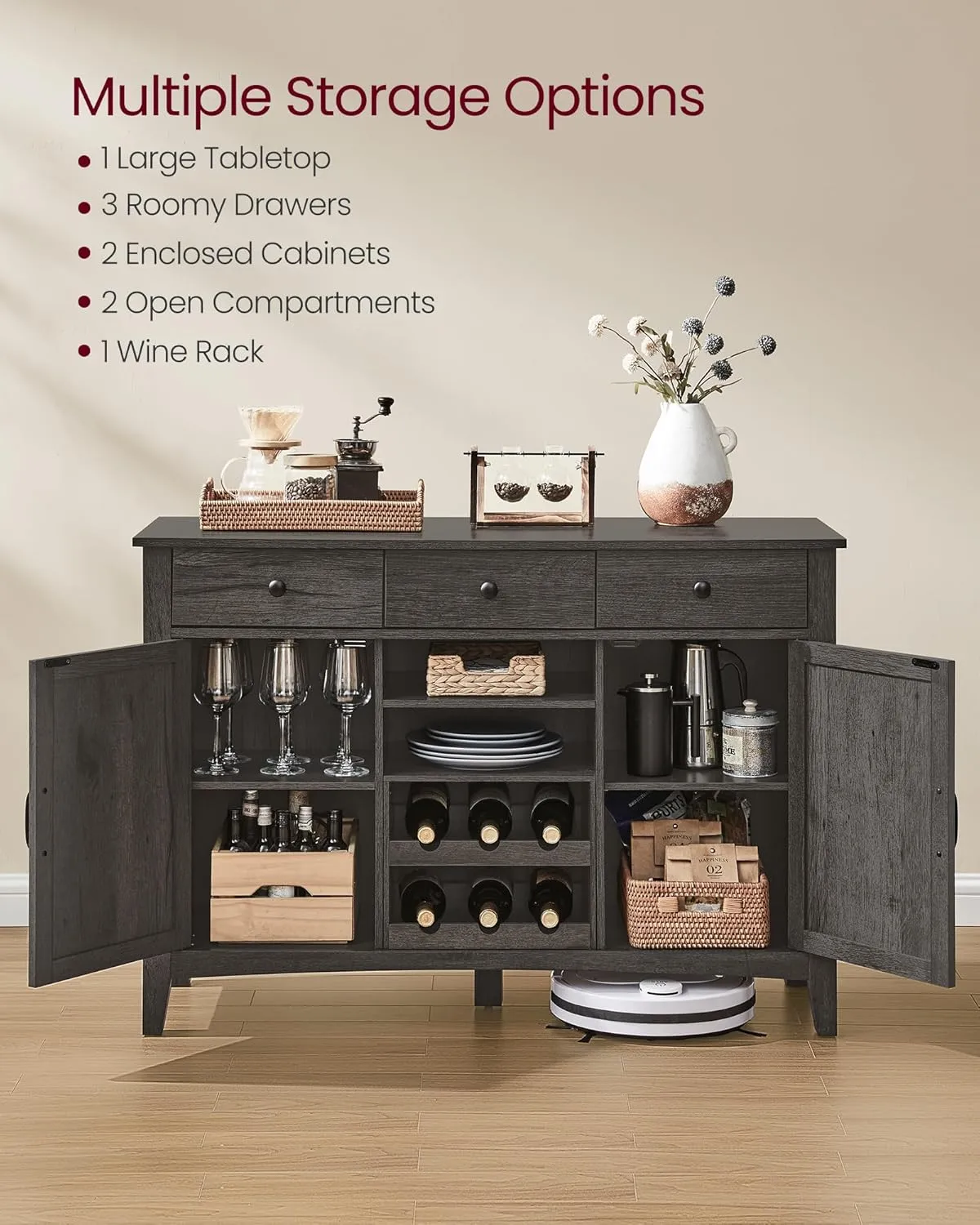 VASAGLE LIRY Collection - Buffet Cabinet, Coffee Bar Cabinet with 3 Drawers, Adjustable Shelves, Sideboard Storage with Cable Holes, Drawer Dividers, Antique Charcoal UBBK371B02