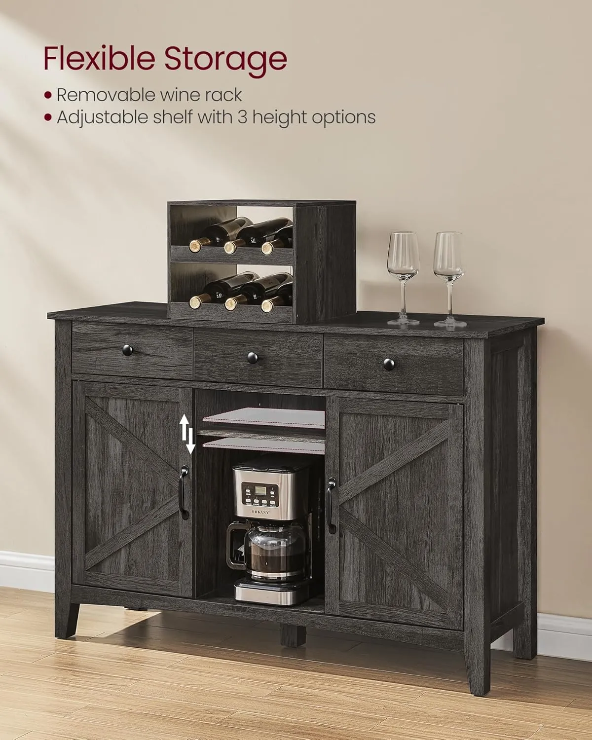 VASAGLE LIRY Collection - Buffet Cabinet, Coffee Bar Cabinet with 3 Drawers, Adjustable Shelves, Sideboard Storage with Cable Holes, Drawer Dividers, Antique Charcoal UBBK371B02