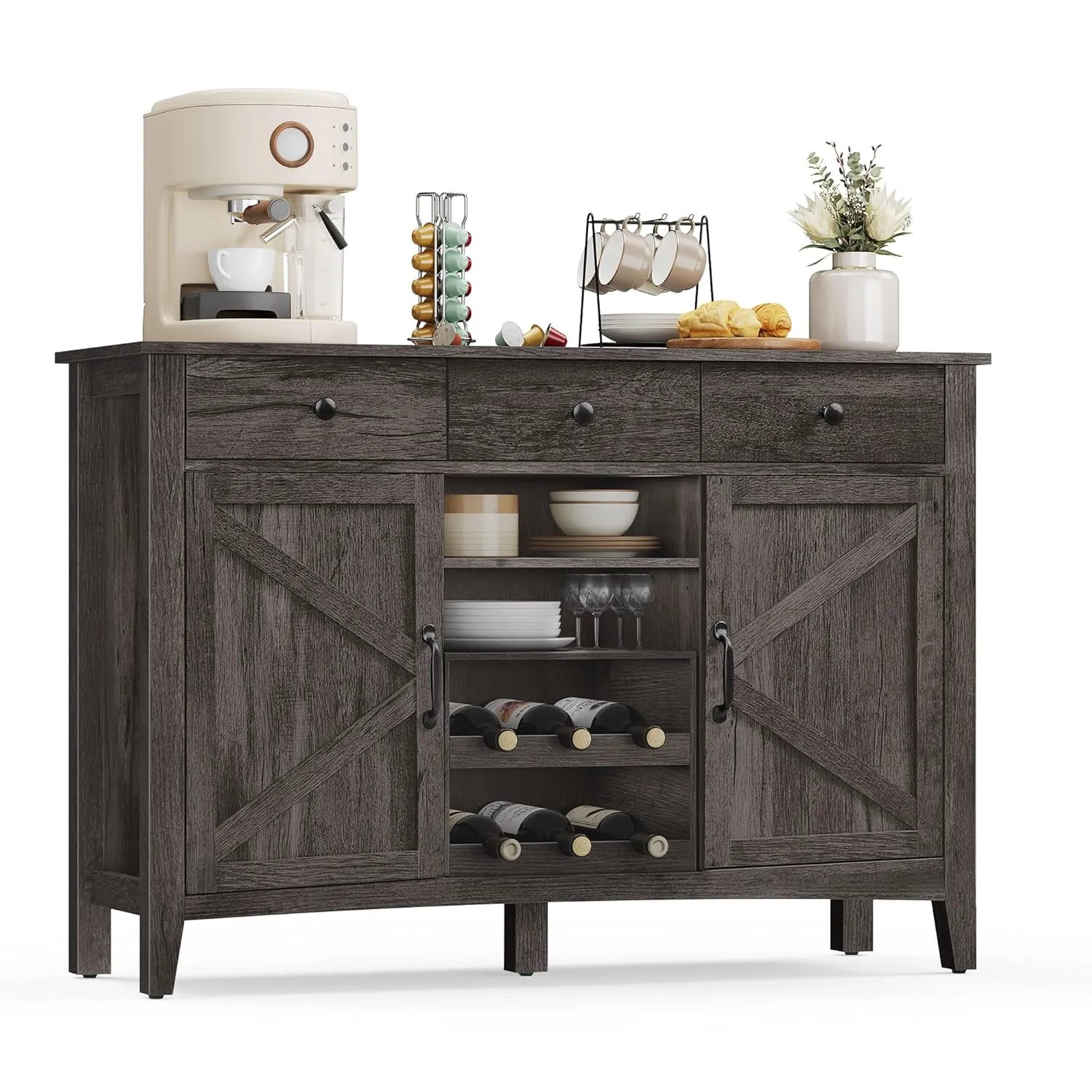 VASAGLE LIRY Collection - Buffet Cabinet, Coffee Bar Cabinet with 3 Drawers, Adjustable Shelves, Sideboard Storage with Cable Holes, Drawer Dividers, Antique Charcoal UBBK371B02
