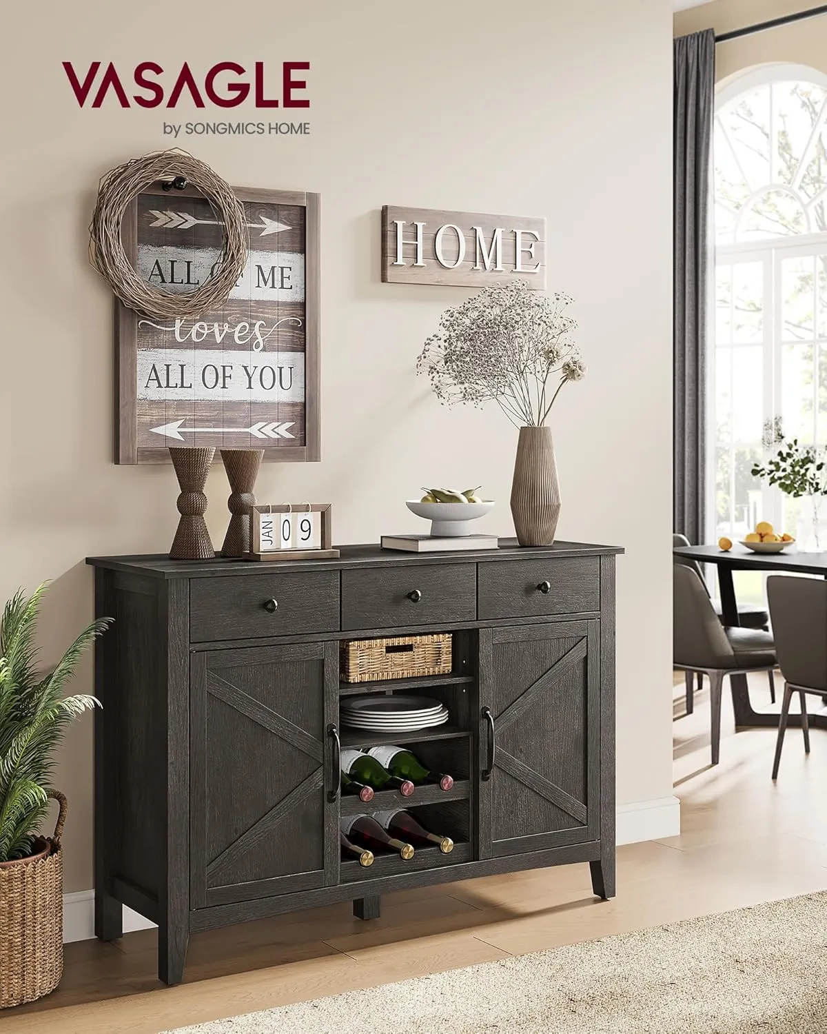 VASAGLE LIRY Collection - Buffet Cabinet, Coffee Bar Cabinet with 3 Drawers, Adjustable Shelves, Sideboard Storage with Cable Holes, Drawer Dividers, Antique Charcoal UBBK371B02