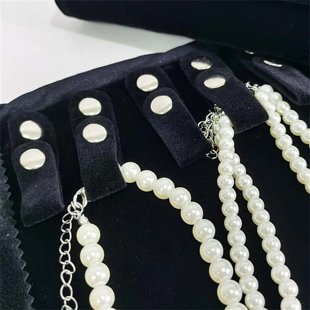 Velvet Travel Jewelry Case Roll Bag Organizer for Necklace Bracelet Earrings Ring (Black) (Black set)