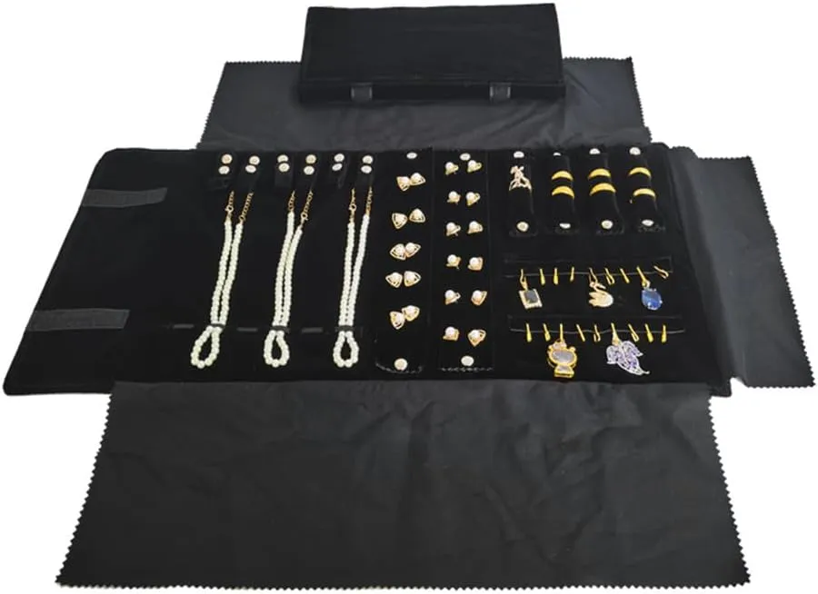 Velvet Travel Jewelry Case Roll Bag Organizer for Necklace Bracelet Earrings Ring (Black) (Black（6 2 4 2)
