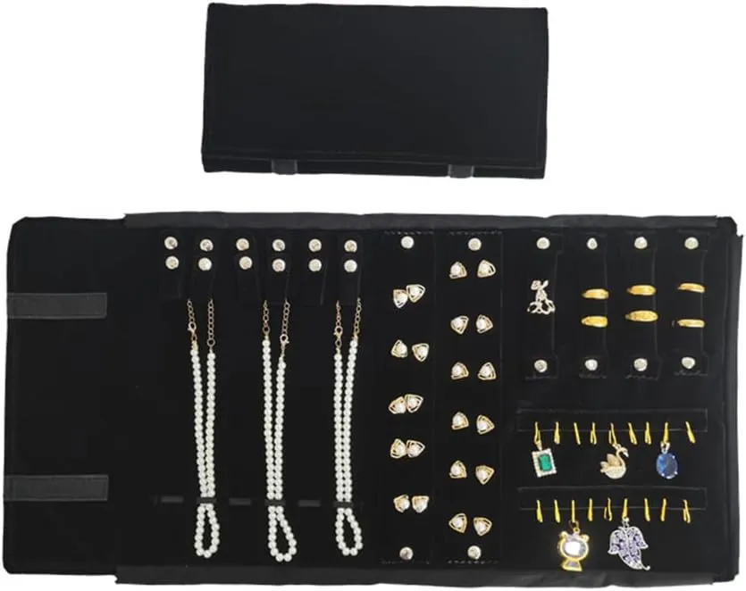 Velvet Travel Jewelry Case Roll Bag Organizer for Necklace Bracelet Earrings Ring (Black) (Black（6 2 4 2)