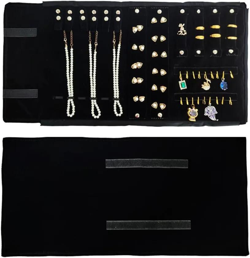 Velvet Travel Jewelry Case Roll Bag Organizer for Necklace Bracelet Earrings Ring (Black) (Black（6 2 4 2)