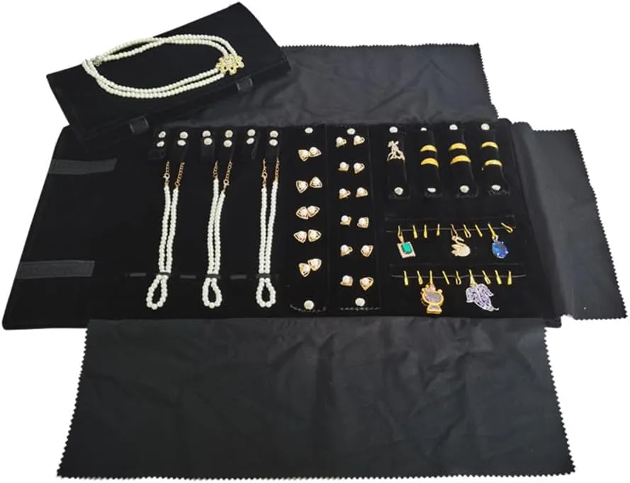 Velvet Travel Jewelry Case Roll Bag Organizer for Necklace Bracelet Earrings Ring (Black) (Black（6 2 4 2)