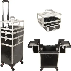 Ver Beauty 7 in 1 Professional Rolling Makeup Nail Tech Travel Case Cosmetic Organizer Storage Clear Acrylic Panel with 4 Wheels Nail Polish Holder and Extra Lid (Black Stripe)