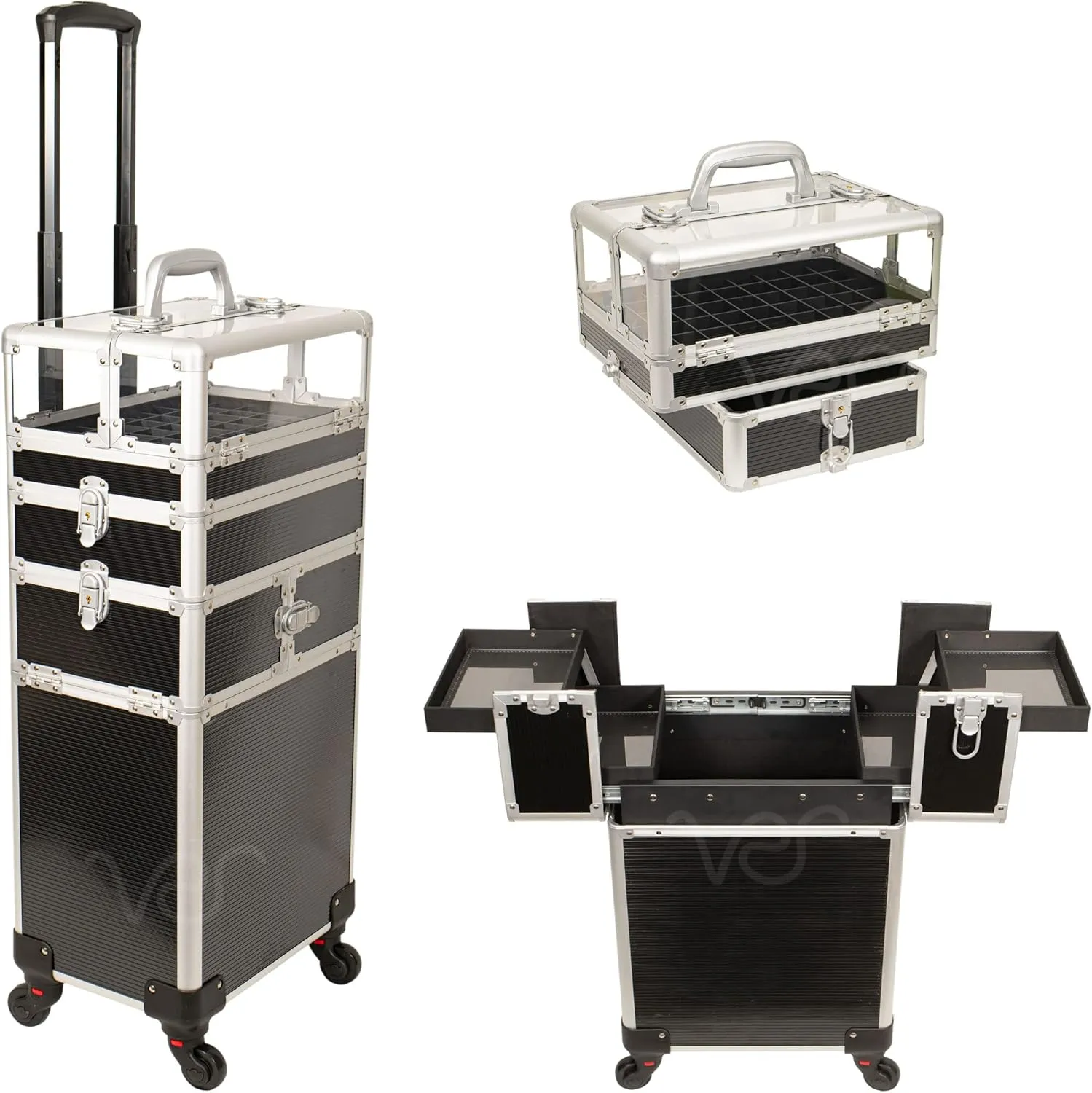 Ver Beauty 7 in 1 Professional Rolling Makeup Nail Tech Travel Case Cosmetic Organizer Storage Clear Acrylic Panel with 4 Wheels Nail Polish Holder and Extra Lid (Black Stripe)