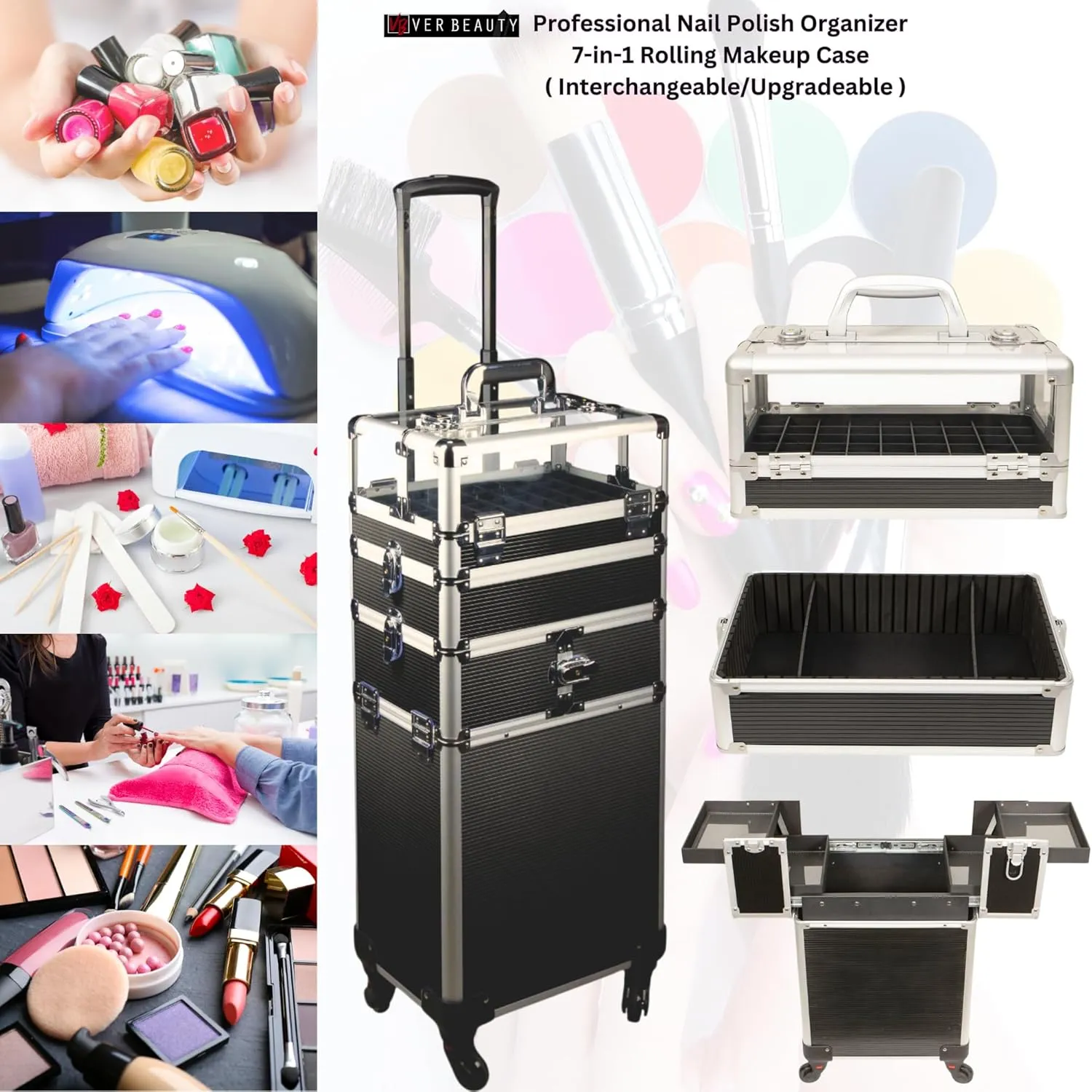 Ver Beauty 7 in 1 Professional Rolling Makeup Nail Tech Travel Case Cosmetic Organizer Storage Clear Acrylic Panel with 4 Wheels Nail Polish Holder and Extra Lid (Black Stripe)