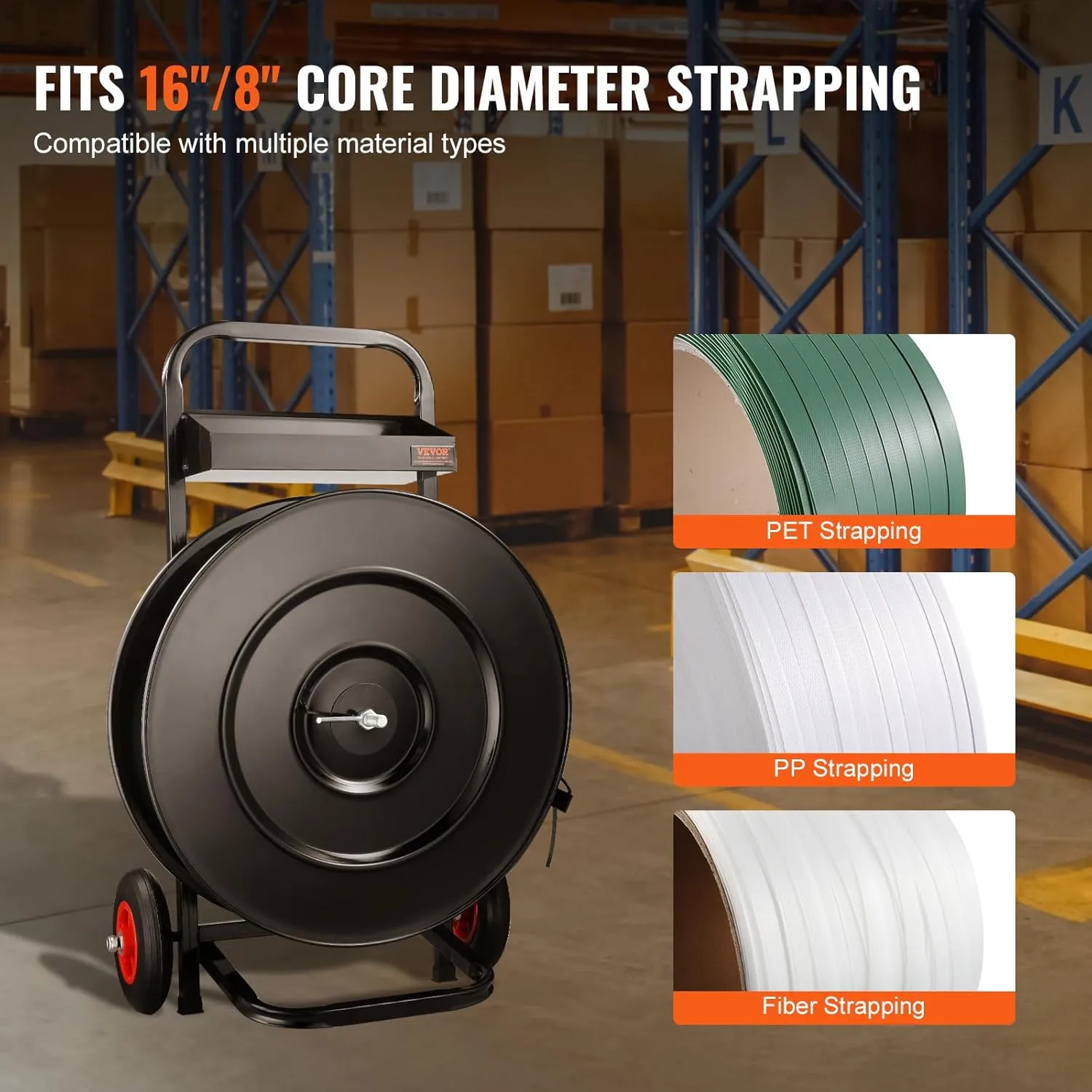 VEVOR Banding Strapping Cart, for PET/PP/Fiber Strapping Coils with 8" or 16" Core Size, Heavy Duty Strapping Dispenser, Equipped with Anti-Retreat Pulleys, Upgrade Brake System, Spacious Tray