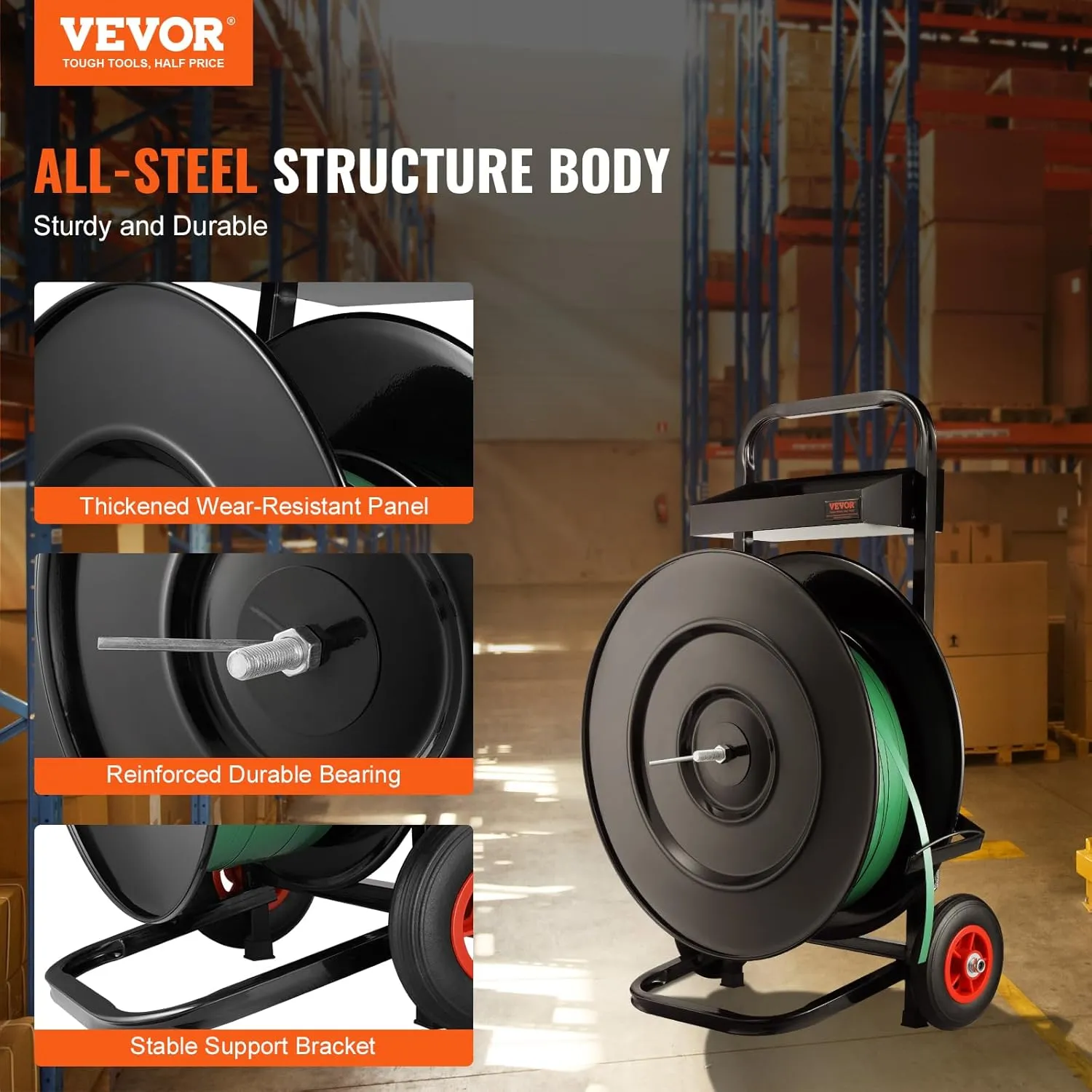 VEVOR Banding Strapping Cart, for PET/PP/Fiber Strapping Coils with 8" or 16" Core Size, Heavy Duty Strapping Dispenser, Equipped with Anti-Retreat Pulleys, Upgrade Brake System, Spacious Tray