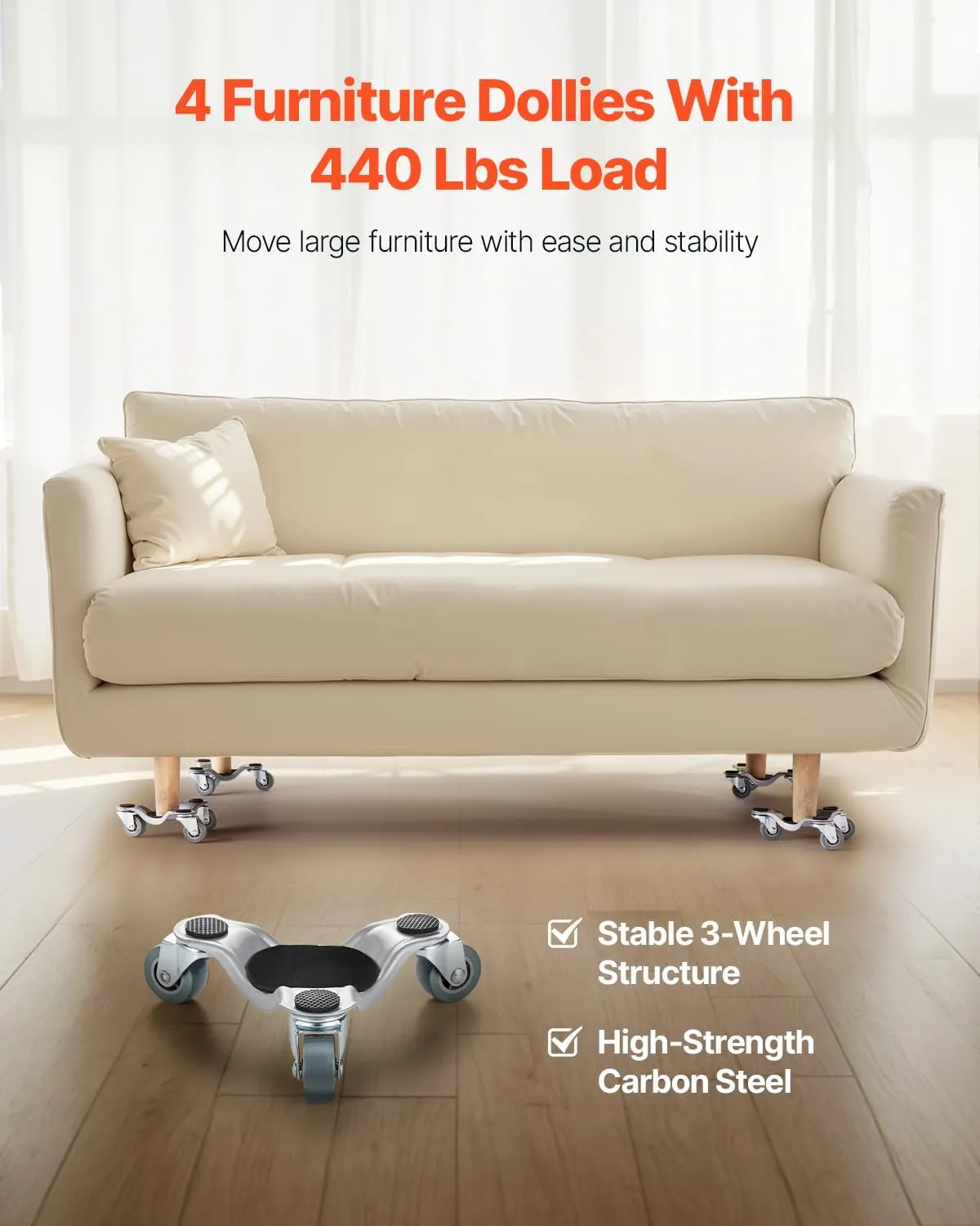 VEVOR Furniture Dolly, 4 Pack 6-Inch Steel Tri-Dolly with 360° PP Swivel Wheels and Non-Slip Cap, 3 Wheels Furniture Lift Mover Tool Set for Moving Heavy Furniture Refrigerator Sofa