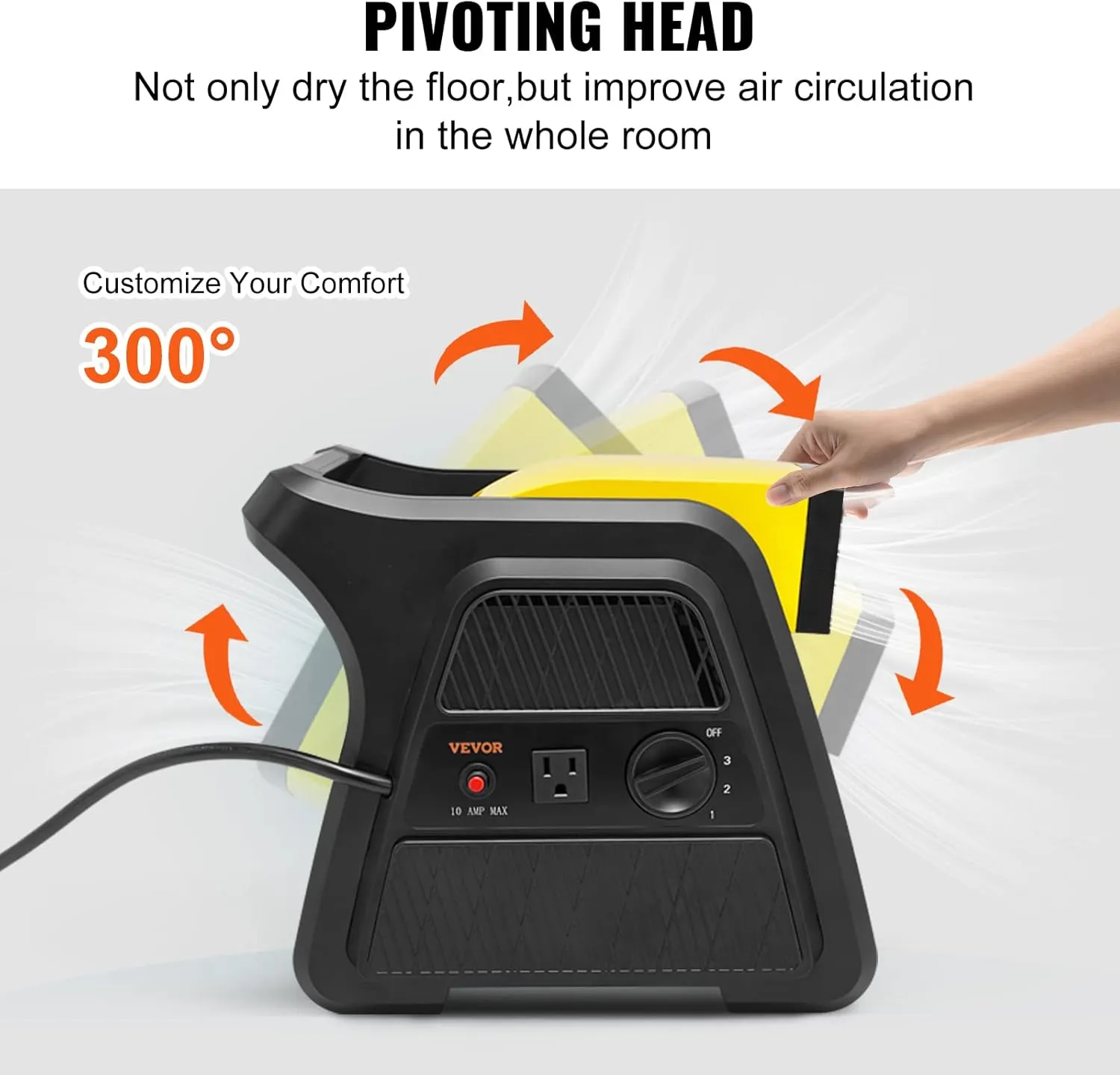 VEVOR Pivoting Utility Fan, 600 CFM High Velocity Floor Blower for Drying, Cooling, Ventilating, Exhausting, 300° Blowing Angle Air Mover, Portable Carpet Dryer Fan for Home, Work Shop