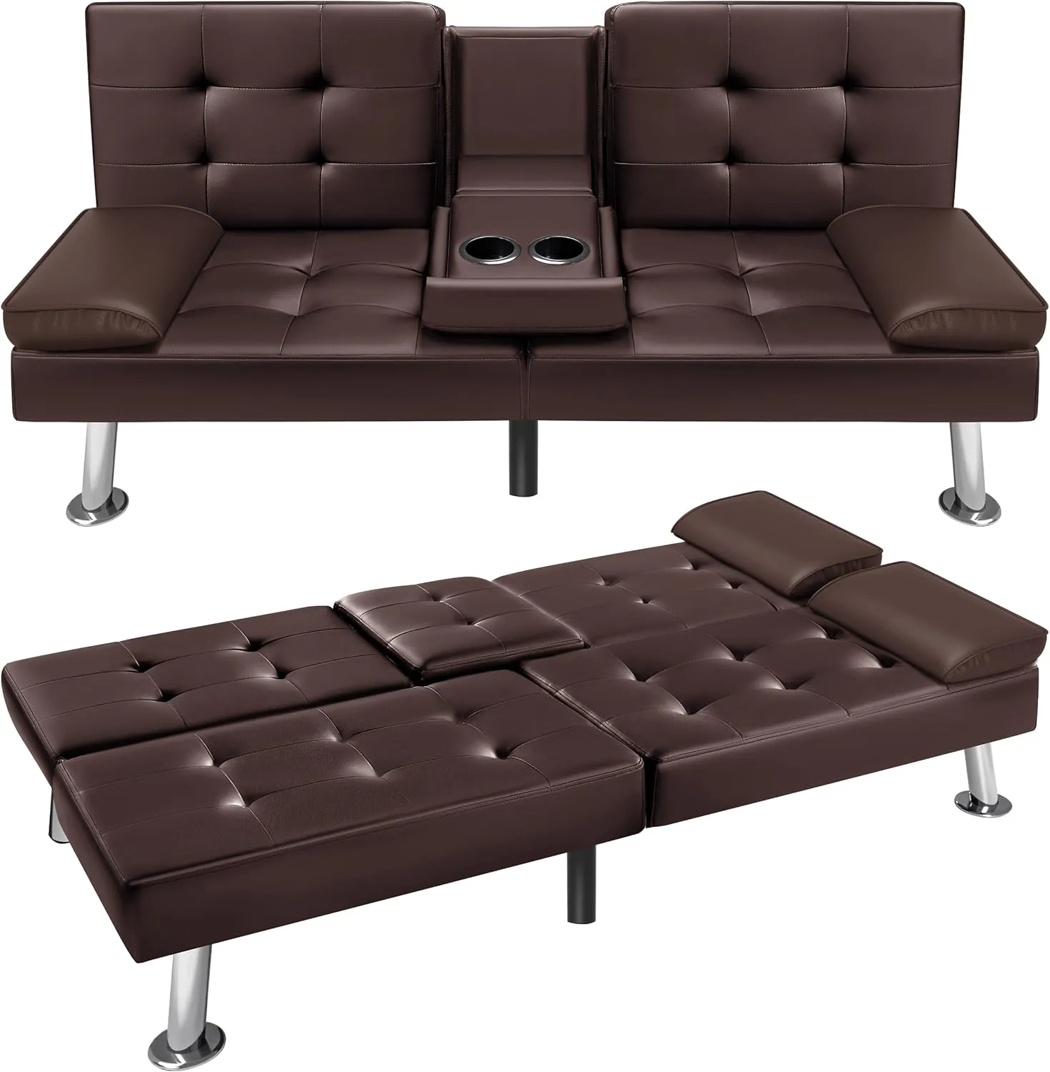 VICTONE Futon Sofa Bed Modern Faux Leather Couch Bed Convertible Folding Recliner for Living Room with 2 Cup Holders and Armrest (Brown)