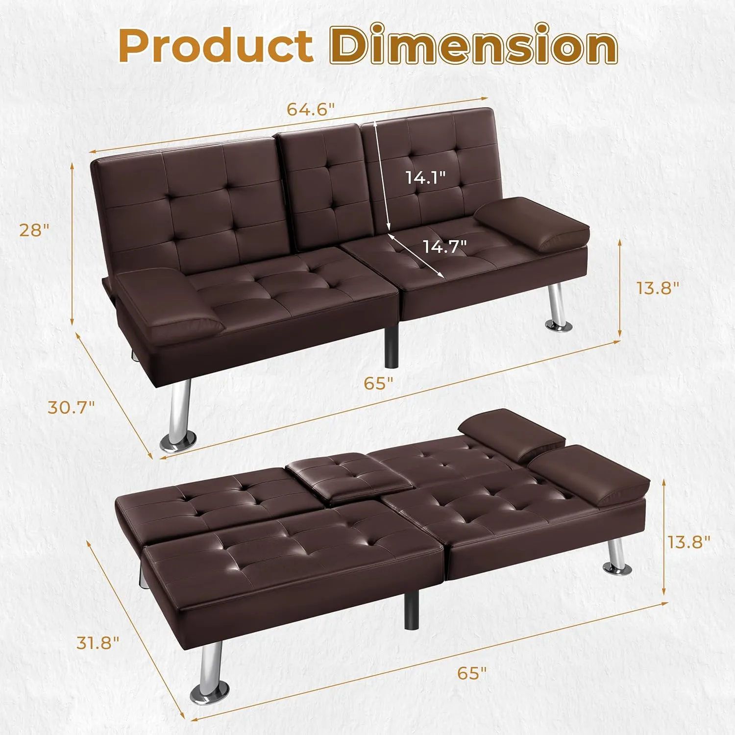 VICTONE Futon Sofa Bed Modern Faux Leather Couch Bed Convertible Folding Recliner for Living Room with 2 Cup Holders and Armrest (Brown)