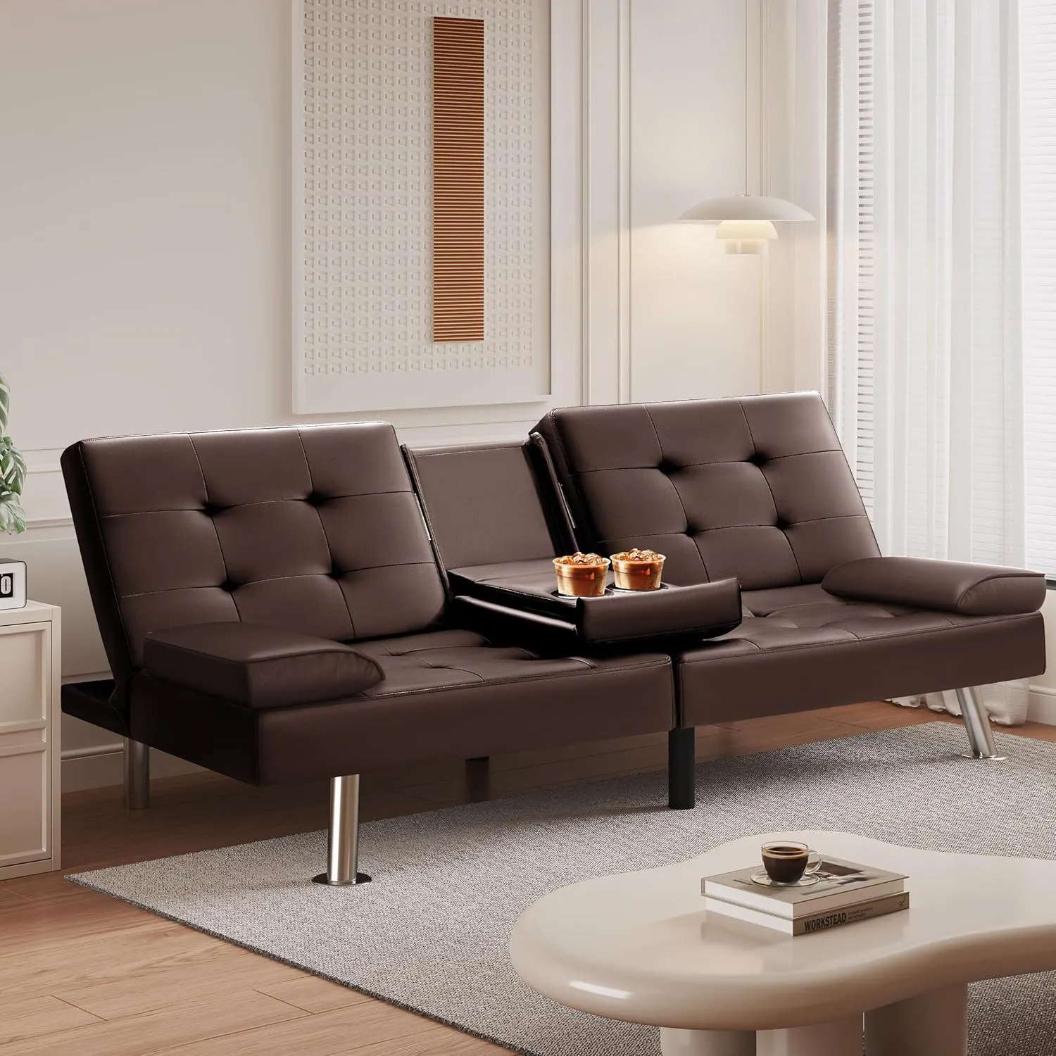 VICTONE Futon Sofa Bed Modern Faux Leather Couch Bed Convertible Folding Recliner for Living Room with 2 Cup Holders and Armrest (Brown)
