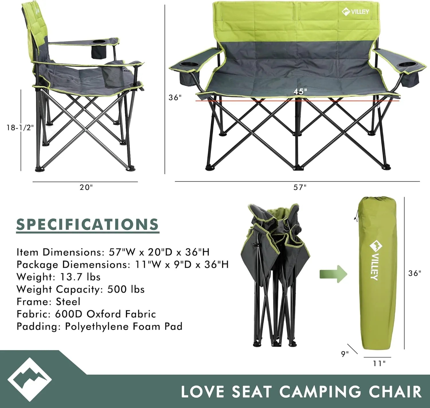 VILLEY Double Camping Chair, Extra Wide Loveseat, Heavy Duty Padded Camping Couch, Portable Folding Camp Chair w/Carry Bag, Steel Frame, Cup Holders for Camping Lawn Picnic Sports, Supports 500 LBS