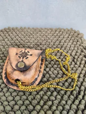 Vintage Brass Sundial Engraved Compass with Genuine Leather Case – Decorative Navigation Tool & Unique Gift