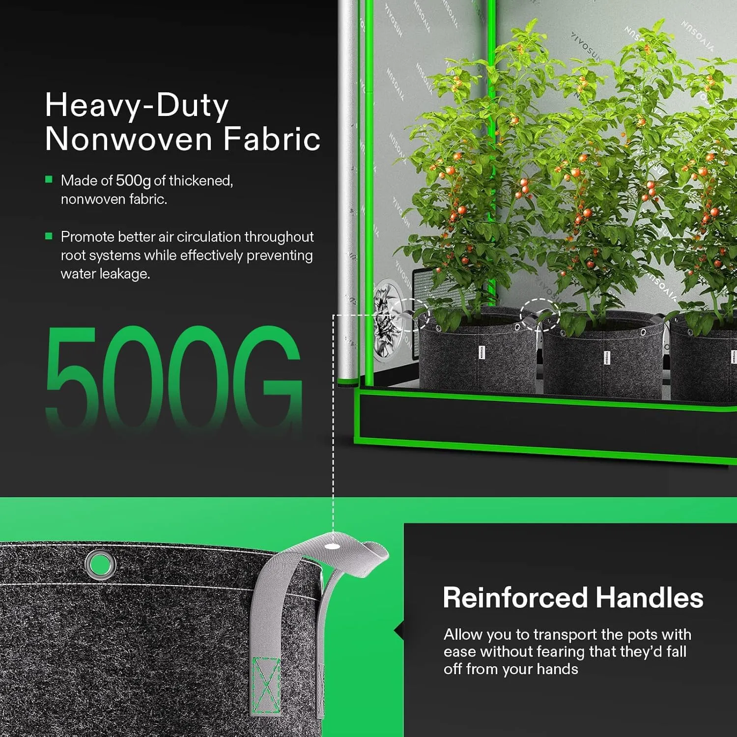 VIVOSUN 5-Pack 15 Gallon Grow Bags, 500G Thick Nonwoven Fabric Pots with Strap Handles, Multi-Purpose Rings, for Low Stress Plant Training Fruits, Vegetables, and Flowers