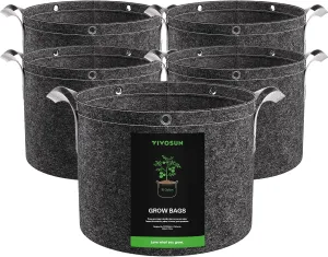 VIVOSUN 5-Pack 15 Gallon Grow Bags, 500G Thick Nonwoven Fabric Pots with Strap Handles, Multi-Purpose Rings, for Low Stress Plant Training Fruits, Vegetables, and Flowers