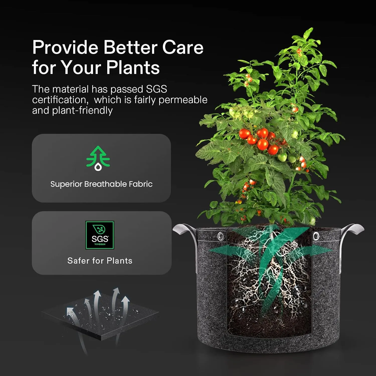 VIVOSUN 5-Pack 15 Gallon Grow Bags, 500G Thick Nonwoven Fabric Pots with Strap Handles, Multi-Purpose Rings, for Low Stress Plant Training Fruits, Vegetables, and Flowers